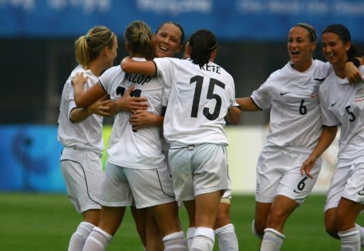 This file photo shows New Zealand players celebrating after scoring a goal during a match played in 2008. The New Zealand team will play against Japan in their women's World Cup Group B match on June 27, in Bochum