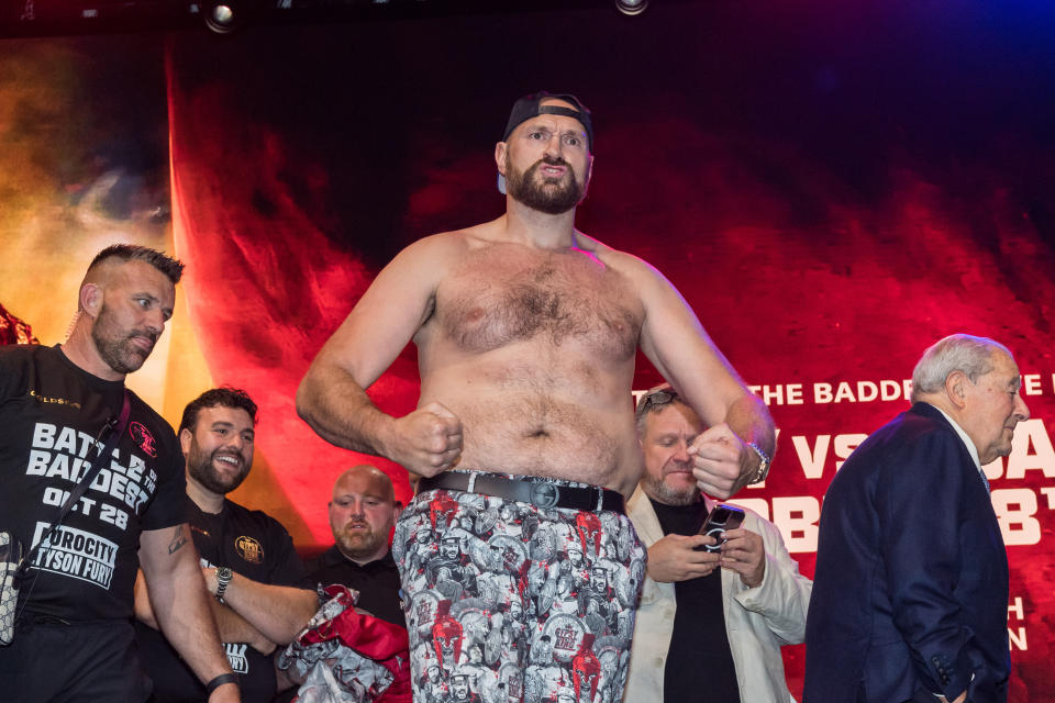 LONDON, UNITED KINGDOM - SEPTEMBER 07: Tyson Fury reacts during the Tyson Fury vs Francis Ngannou kick-off press conference at the Here at Outernet in London, United Kingdom on September 07, 2023. Fury and Ngannou will take part in a 10-round boxing match on Saturday, October 28th in Riyadh, Saudi Arabia, which will mark the opening of this year's Riyadh Season. (Photo by Wiktor Szymanowicz/Anadolu Agency via Getty Images)