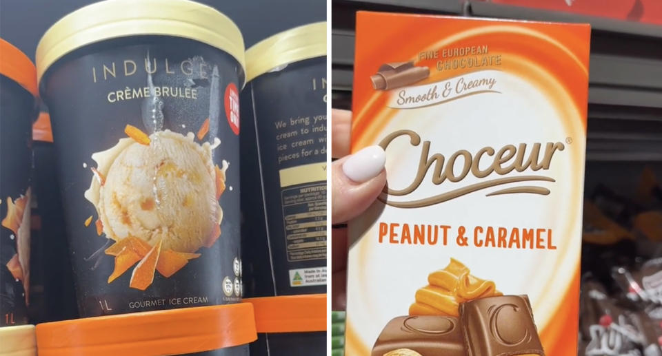 Aldi's Indulge Crème Brûlée ice cream; Choceur Peanut & Caramel chocolate