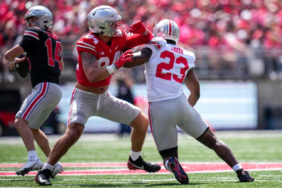 Apr 15, 2023; Columbus, Ohio, United States;  Ohio State Buckeyes tight end Joe Royer (84) collides with Ohio State Buckeyes defensive end Omari Abor (23) during the first quarter of the Ohio State Buckeyes spring game at Ohio Stadium on Saturday morning. Mandatory Credit: Joseph Scheller-The Columbus Dispatch