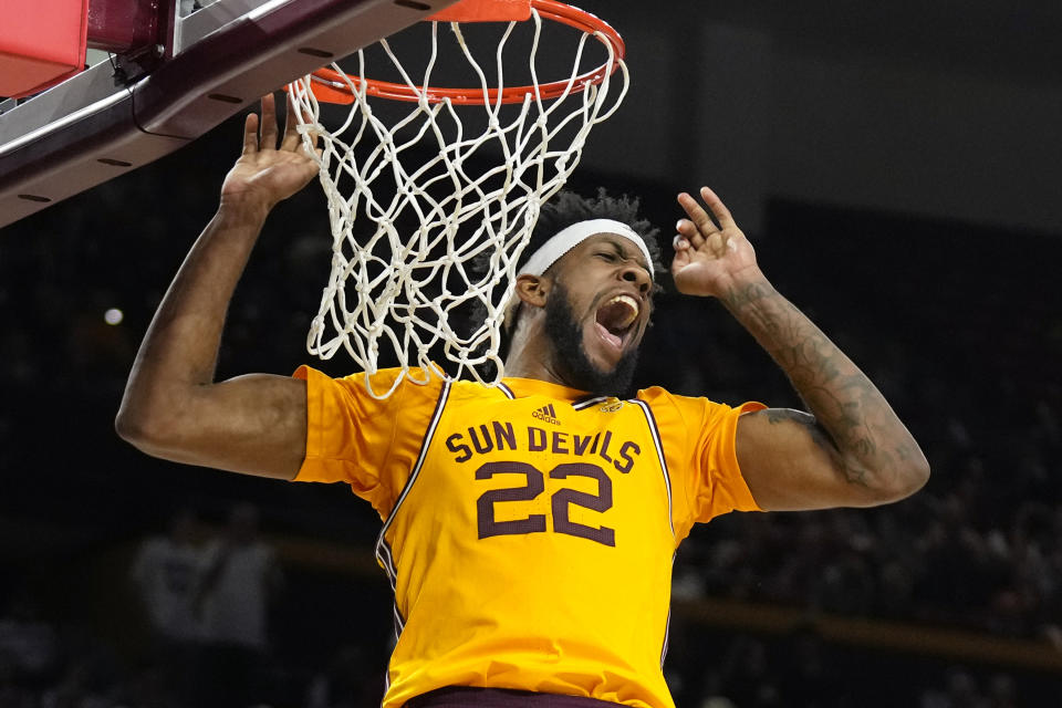 Arizona State forward Warren Washington celebrates after his dunk against Washington State during the second half of an NCAA college basketball game in Tempe, Ariz., Thursday, Jan. 5, 2023. (AP Photo/Ross D. Franklin)