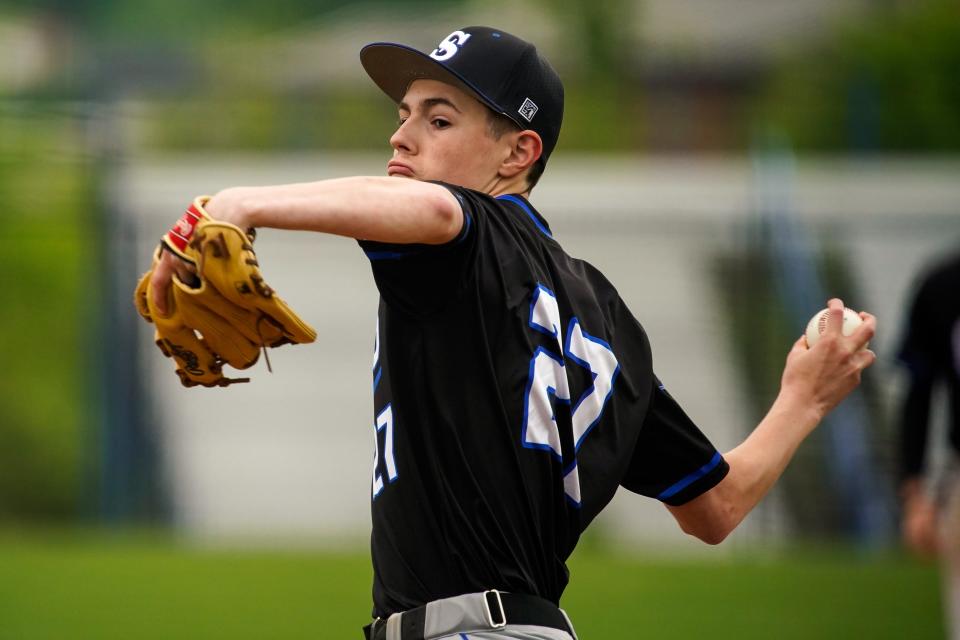 Mount Juliet Christian Academy's Evan Padilla (27) pitches against Davidson Academy during the first inning at Mount Juliet Christian Academy in Mt. Juliet, Tenn., Friday, April 19, 2024.