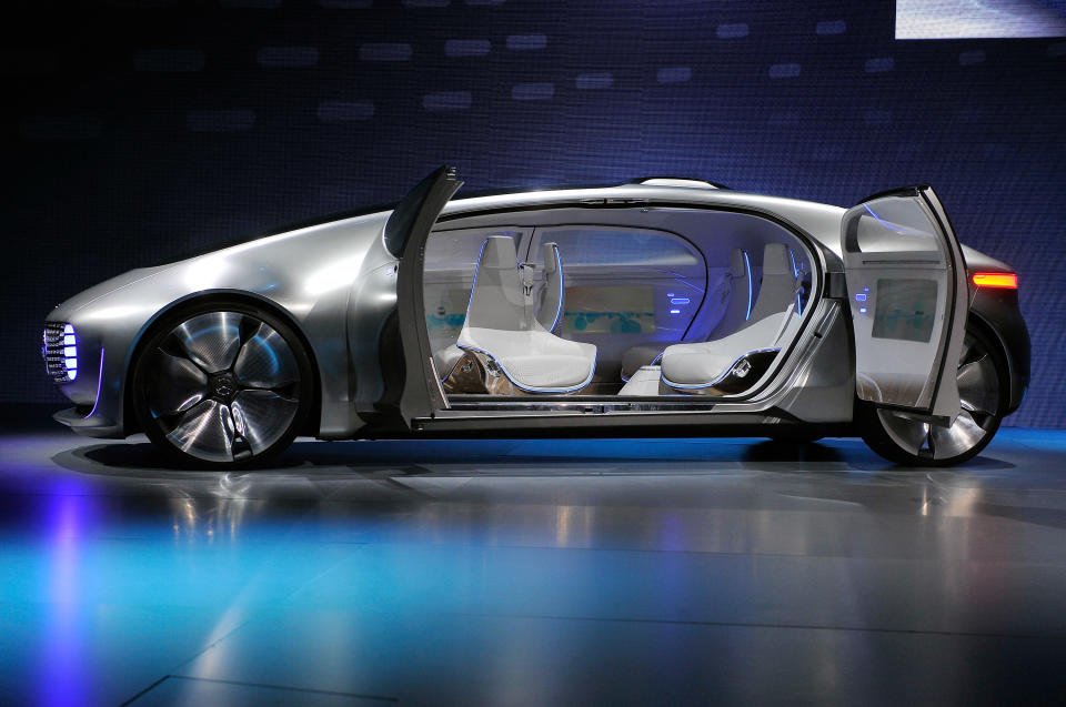 A Mercedes-Benz F 015 autonomous driving automobile is displayed at the Mercedes-Benz press event at The Chelsea at The Cosmopolitan of Las Vegas for the 2015 International CES on January 5, 2015 in Las Vegas, Nevada. attendees. (Photo by David Becker/Getty Images)