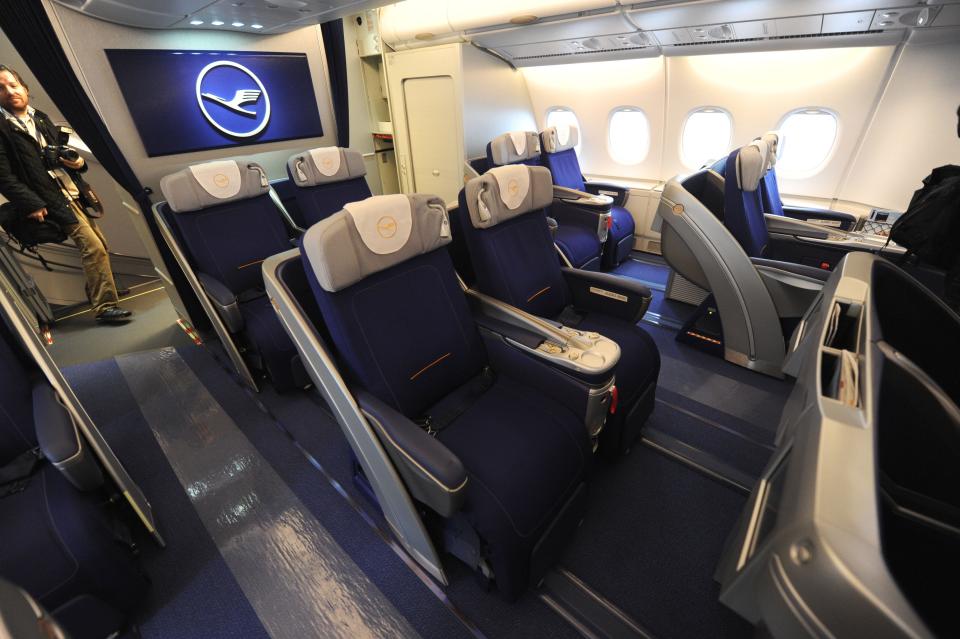 The business class seating of an Airbus A380 operated by Lufthansa.