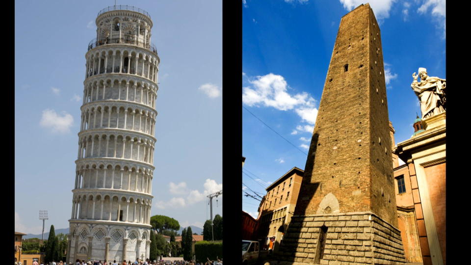 The Leaning Tower of Pisa (left) has a similarly gravitationally-afflicted cousin, a leaning tower in the city of Bologna.   / Credit: CBS News