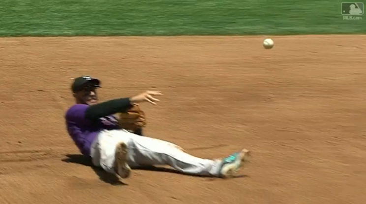 Nolan Arenado threw out the runner at first from this position. (MLB.com Screenshot)