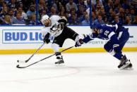 May 24, 2016; Tampa, FL, USA; Pittsburgh Penguins right wing Phil Kessel (81) shoots as Tampa Bay Lightning defenseman Braydon Coburn (55) defends during the second period of game six of the Eastern Conference Final of the 2016 Stanley Cup Playoffs at Amalie Arena. Mandatory Credit: Kim Klement-USA TODAY Sports