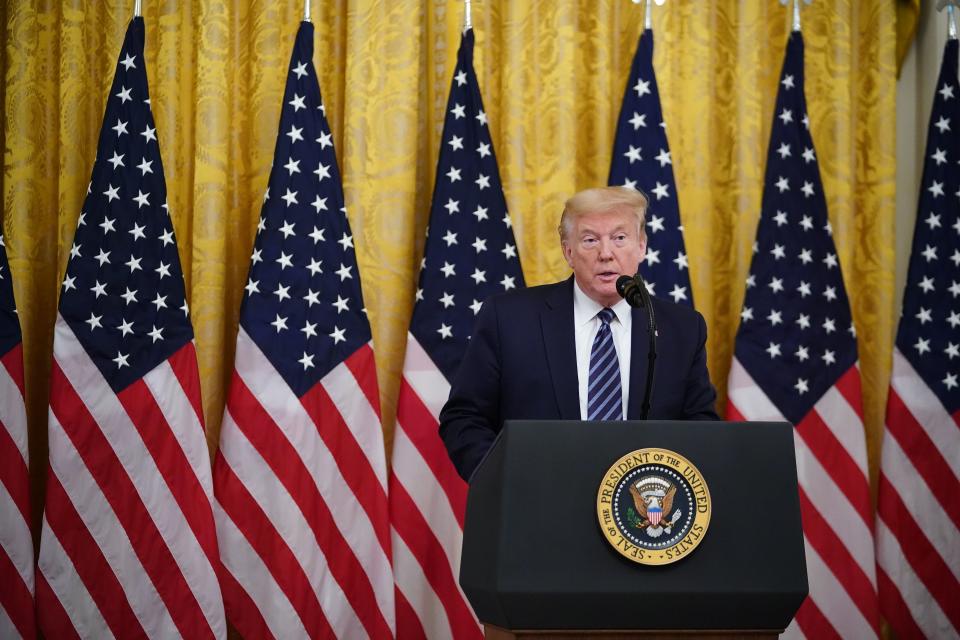 US President Donald Trump speaks on protecting Americas seniors from the COVID-19 pandemic in the East Room of the White House in Washington, DC on April 30, 2020. (Photo by MANDEL NGAN / AFP) (Photo by MANDEL NGAN/AFP via Getty Images)