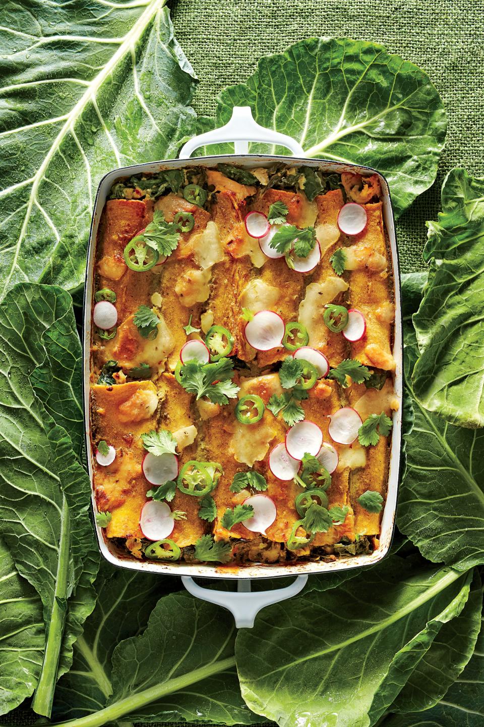 Creamy Chicken and Collard Green Enchiladas