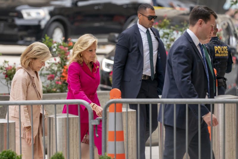 First Lady Jill Biden arrives Wednesday to support step-son Hunter Biden, son of U.S. President Joe Biden, at the J. Caleb Boggs Federal Building on the third day of his trial on criminal gun charges in Wilmington, Del. The first lady has attended the trial each day so far since it began. Photo by Ken Cedeno/UPI .