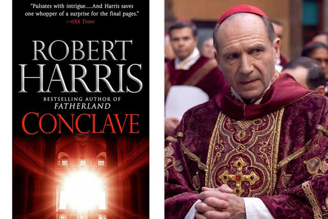 <p>Penguin Random House; Courtesy of Focus Features</p> The cover of 'Conclave' and Ralph Fiennes in the film adaptation