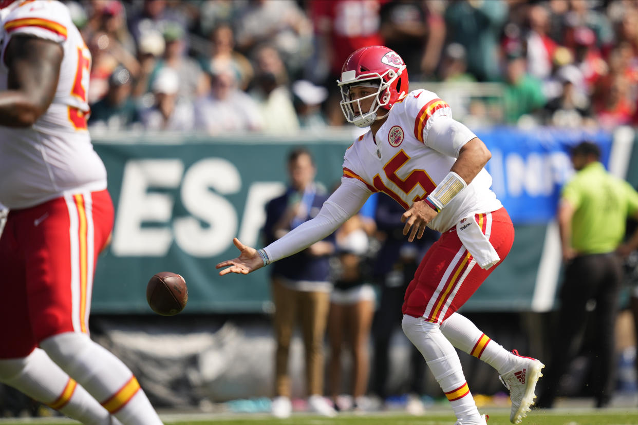 Kansas City Chiefs' Patrick Mahomes plays during an NFL football game against the Philadelphia Eagles, Sunday, Oct. 3, 2021, in Philadelphia. (AP Photo/Matt Slocum)