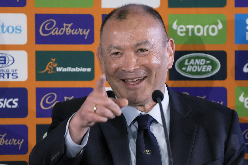 FILE - Australian rugby union head coach Eddie Jones attends a press conference at Matraville Sports High School in Sydney on Jan. 31, 2023. The Rugby Championship which starts this weekend provides a chance to experience the second coming of Eddie Jones as Wallabies coach and look for signs of the amazing transformation he is expected to perform. (AP Photo/Rick Rycroft, File)