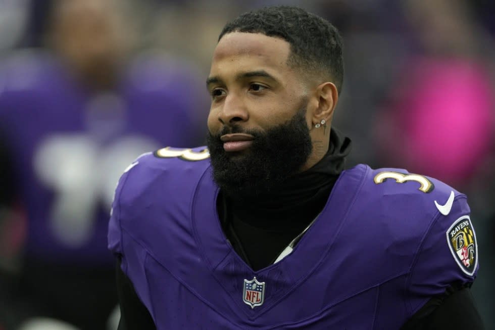 Baltimore Ravens wide receiver Odell Beckham Jr. (3) works out before the AFC Championship NFL football game against the Kansas City Chiefs, Sunday, Jan. 28, 2024, in Baltimore. (AP Photo/Nick Wass, File)