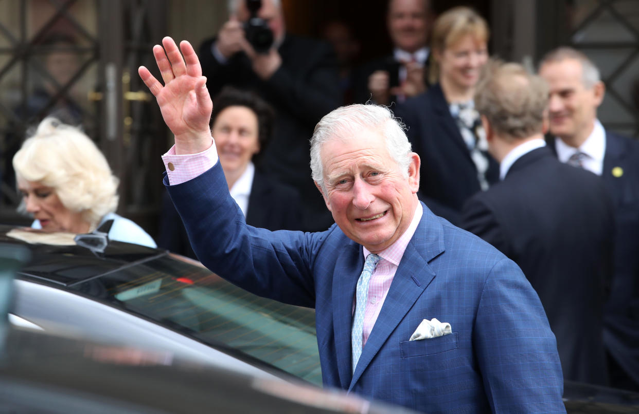 VIENNA, AUSTRIA - APRIL 06:  Prince Charles, Prince of Wales waves to wellwishers after a visit to the Musikverein, home of the 175 year old Vienna Philharmonic Orchestra on April 6, 2017 in Vienna, Austria. Their Royal Highnesses will observe a rehearsal of the Vienna Philharmonic Orchestra, with student participants of the Amadeus Project, and meet the conductor and musicians. (Photo by Chris Jackson - Pool/Getty Images)