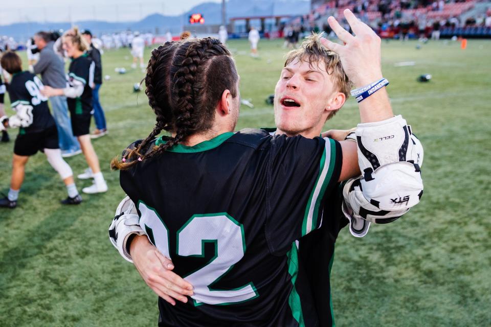 Green Canyon celebrates after winning the 4A boys lacrosse championships at Zions Bank Stadium in Herriman on May 26, 2023. | Ryan Sun, Deseret News