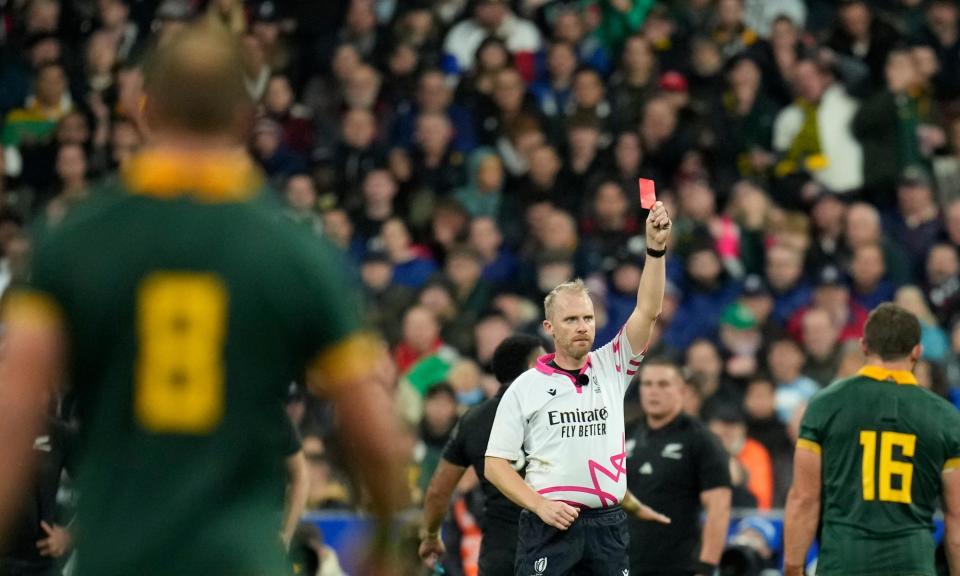 <span>The first-half red card for Sam Cane in the 2023 Rugby World Cup final proved costly for New Zealand.</span><span>Photograph: Christophe Ena/AP</span>