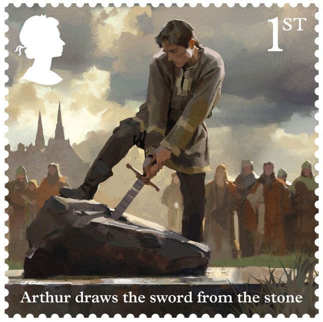 One of the new stamps shows Arthur drawing the sword from the stone (Royal Mail/PA)