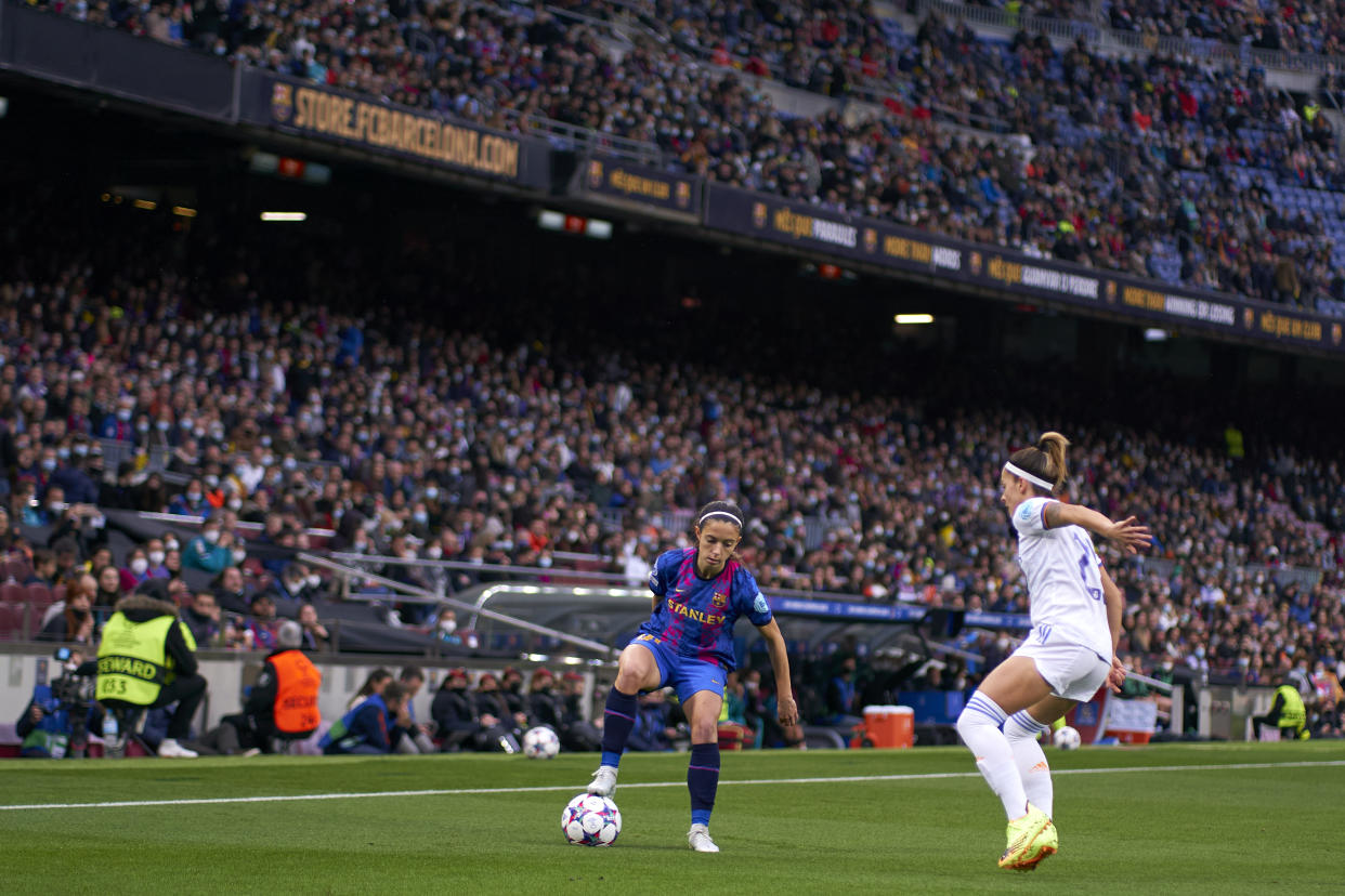 Aitana Bonmati (on the ball) scored one of Barcelona's goals in their 5-2 win over Real Madrid in front of a record crowd at the Nou Camp. (Photo by Pedro Salado/Quality Sport Images/Getty Images)