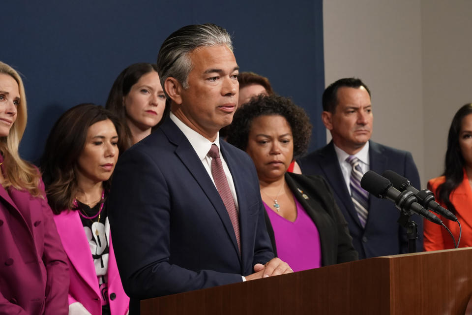 FILE - California Attorney General Rob Bonta discusses the Supreme Court's decision to overturn Roe v Wade, during a news conference in Sacramento, Calif., Friday, June 24, 2022. Bonta addressed a gathering of Planned Parenthood leaders in Sacramento, Calif., that abortion-rights advocates could channel the "ruthless"energy" of anti-abortion advocates toward their own goals, "but not as a way to hurt people," Friday, Sept. 9, 2022. (AP Photo/Rich Pedroncelli, File)