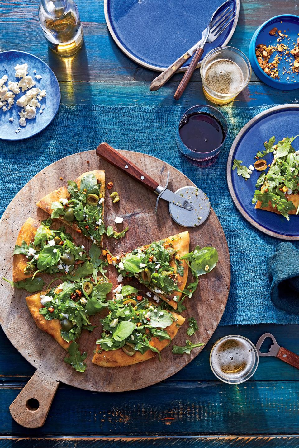 Anchovy Oil Pesto-and-Greens Pizza