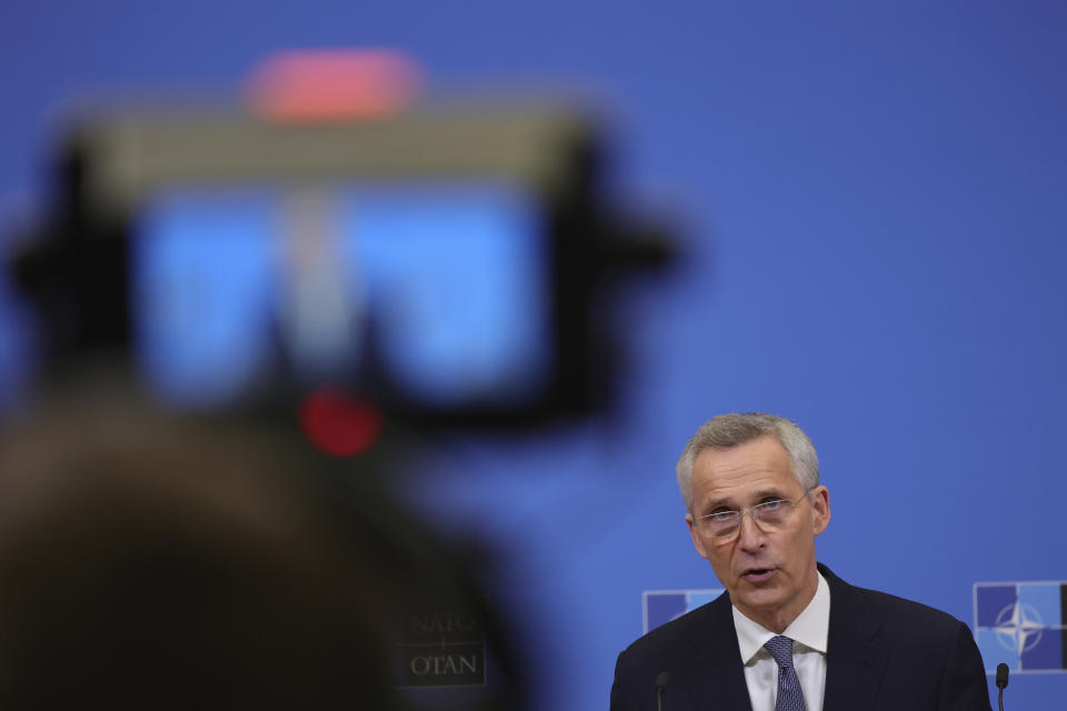 NATO Secretary-General Jens Stoltenberg speaks during a media conference ahead of a meeting of NATO defense ministers at NATO headquarters in Brussels, Monday, Feb. 13, 2023. (AP Photo/Olivier Matthys)