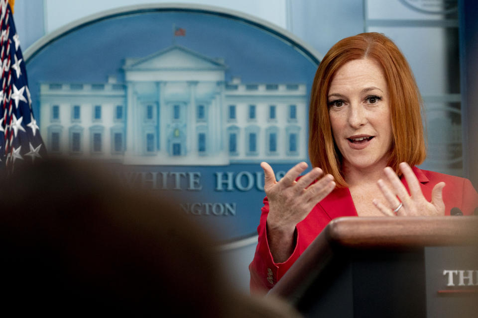 White House press secretary Jen Psaki speaks at a press briefing at the White House in Washington, Monday, April 25, 2022. (AP Photo/Andrew Harnik)