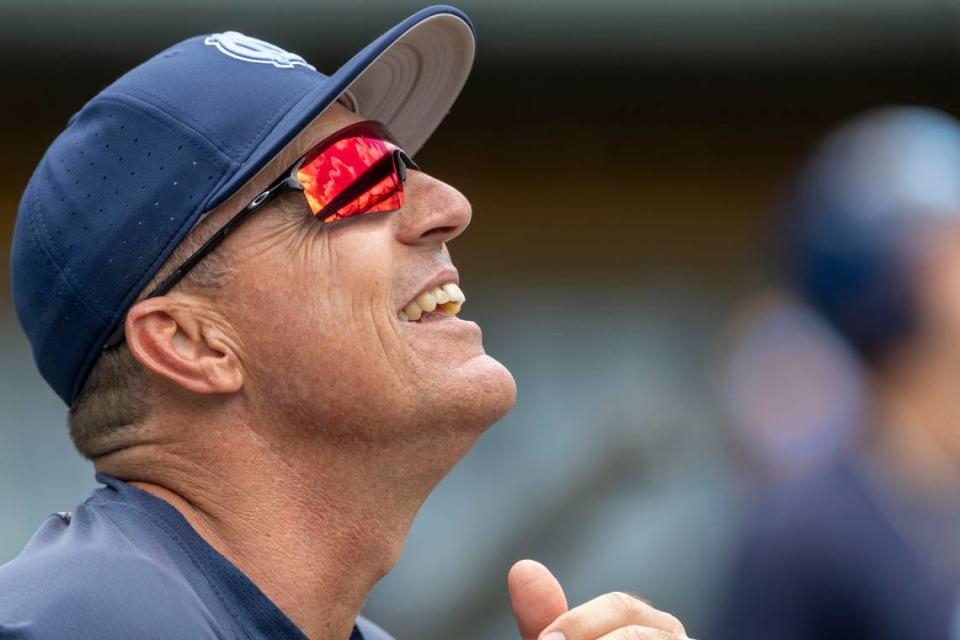 North Carolina coach Scott Forbes watches a long fly ball during batting practice on Friday, June 10, 2022 as the Tar Heels prepare for their Super Regional series against Arkansas at Boshamer Stadium in Chapel Hill, N.C.