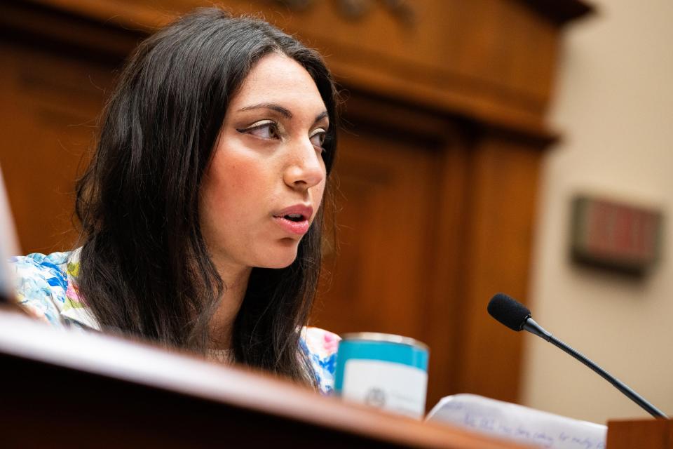 Nov 14, 2023; Washington, DC, USA; Yale University student Sahar Tartak, speaks to members of the House Committee on Education and the Workforce subcommittee on Higher Education and Workforce Development during a hearing on the rise of antisemitism on college campuses in Washington .. Mandatory Credit: Josh Morgan-USA TODAY ORG XMIT: USAT-740613 ORIG FILE ID: 20231114_ajw_qu0_030.JPG