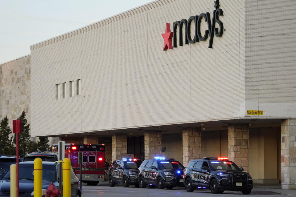 Police investigate a shooting at the Mayfair Mall, Friday, Nov. 20, 2020, in Wauwatosa, Wis. Multiple people were shot Friday afternoon at the mall and police are still searching for the shooter. (AP Photo/Nam Y. Huh)