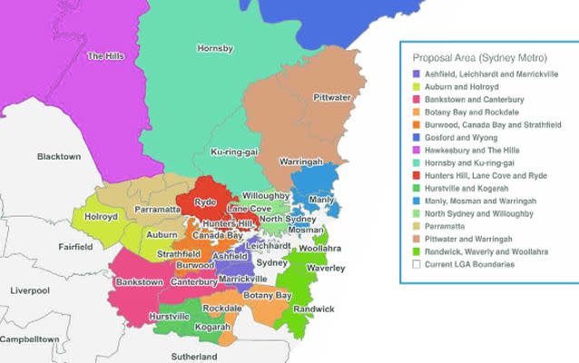 The Government is proposing to cut the number of Sydney councils from 43 to 25. Source:NSW Government.