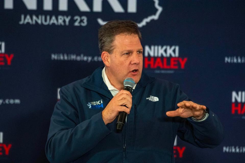 PHOTO: New Hampshire Governor Chris Sununu introduces former UN ambassador and 2024 presidential hopeful Nikki Haley before she speaks at a campaign town hall event at Hilton Garden Inn, Dec. 28, 2023, in Lebanon, N.H. (Joseph Prezioso/AFP via Getty Images, FILE)