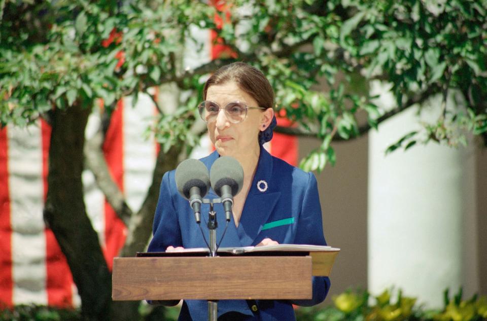 Judge Ruth Bader Ginsburg addresses reporters outside the White House on June 14, 1993, after President Bill Clinton announced he would nominate her for the Supreme Court.