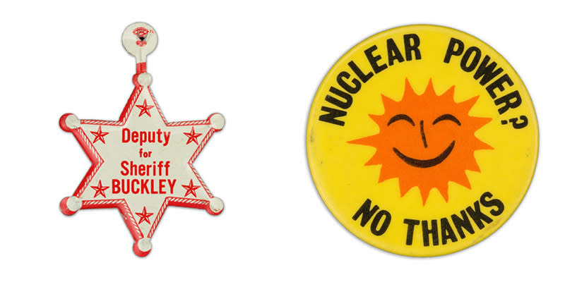 A button resembling a sheriff's badge reads "Deputy Buckley for Sheriff" beside a button with an simple orange smiling sun image encircled with the words "nuclear power? no thanks"