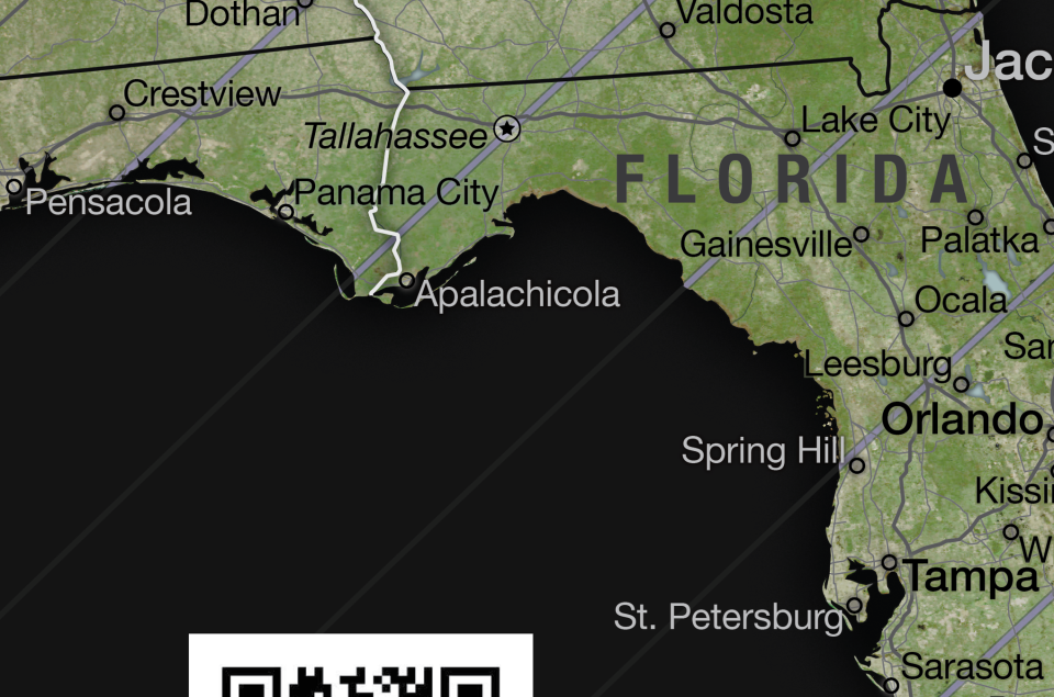 This map from NASA's Scientific Visualization Studio (Michala Garrison, Ernie Wright, Laurence Schuler and Ian Jones) shows the path of totality for the April 8, 2024, Total Solar Eclipse. The map includes states that are not in the path, like Pensacola, Florida. However, the map does note the percentage of visibility by state and city.