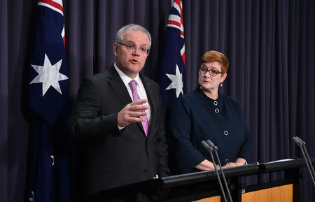 Prime Minister Scott Morrison speaks to the media alongside Minister for Foreign Affairs Marise Payne during a news conference at Parliament House in Canberra, Australia, October 16, 2018. AAP/Mick Tsikas/via REUTERS