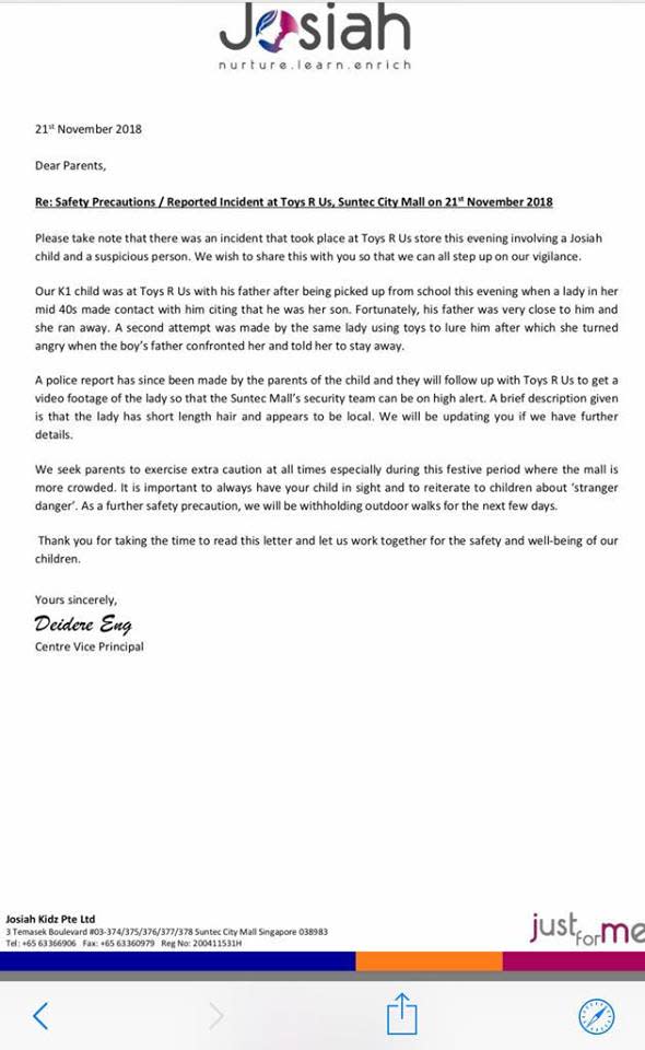 Screenshot of a letter from Josiah childcare centre on the incident at Toys R Us outlet in Suntec City. (PHOTO: Facebook)
