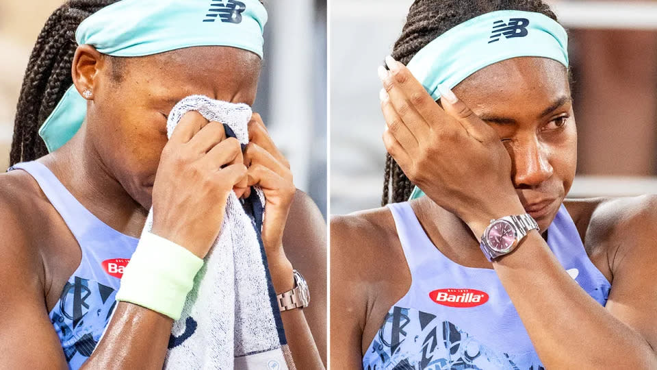 Seen here, Coco Gauff chokes back tears after the French Open final. 