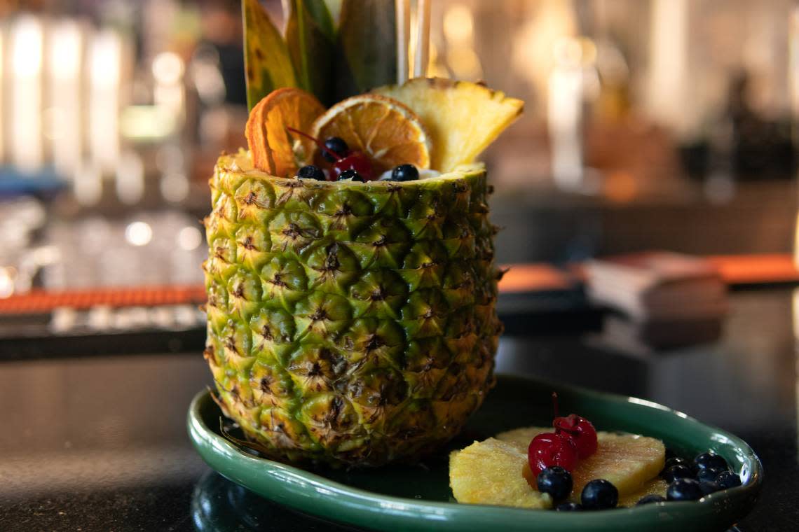 La Piña Loca is a piña colada served in a pineapple at Kuba on the Bay.