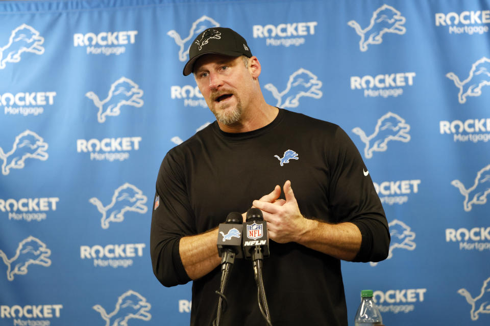 Detroit Lions head coach Dan Campbell addresses the media after an NFL football game against the Minnesota Vikings, Sunday, Jan. 7, 2024, in Detroit. (AP Photo/Duane Burleson)