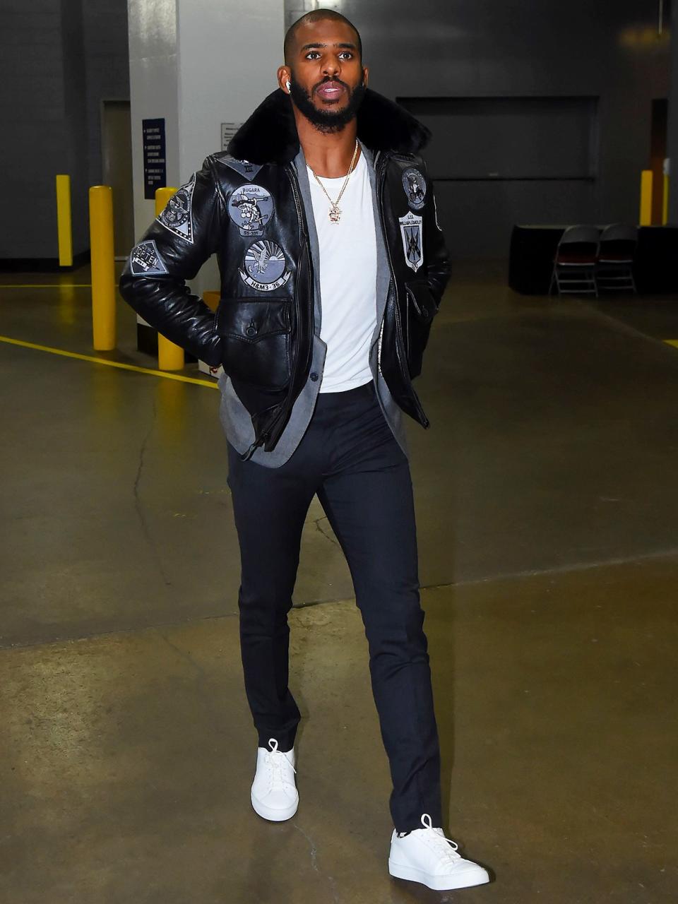 Mike B for Cockpit USA “Top Gun” jacket, Tom Ford blazer and pants, Common Project sneakers