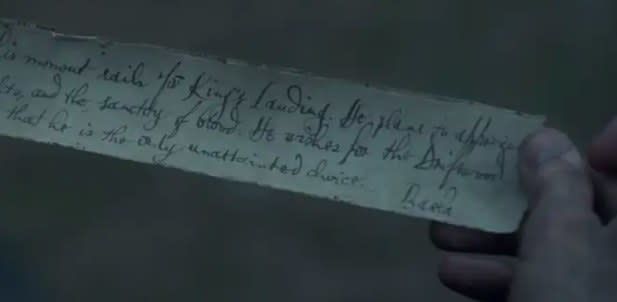 Close-up of Baela's letter to Daemon
