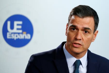 FILE PHOTO: Spanish Prime Minister Pedro Sanchez speaks at a news conference after a European Union summit in Brussels