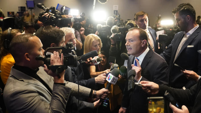 Utah Republican Sen. Mike Lee speaks to reporters during an election-night party Tuesday, Nov. 8, 2022, in Salt Lake City. (AP Photo/Rick Bowmer)