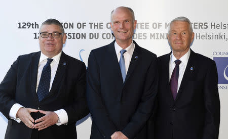 Finland's Minister of Foreign Affairs Timo Soini, Dutch Foreign Minister Stef Blok and Secretary General of the Council of Europe Thorbjorn Jagland attend The Ministers for Foreign Affairs of the Council of Europe's annual meeting in Helsinki, Finland May 17, 2019. Lehtikuva/Vesa Moilanen via REUTERS