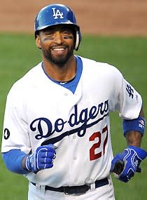 Matt Kemp of the Los Angeles Dodgers wears the Brooklyn Dodgers