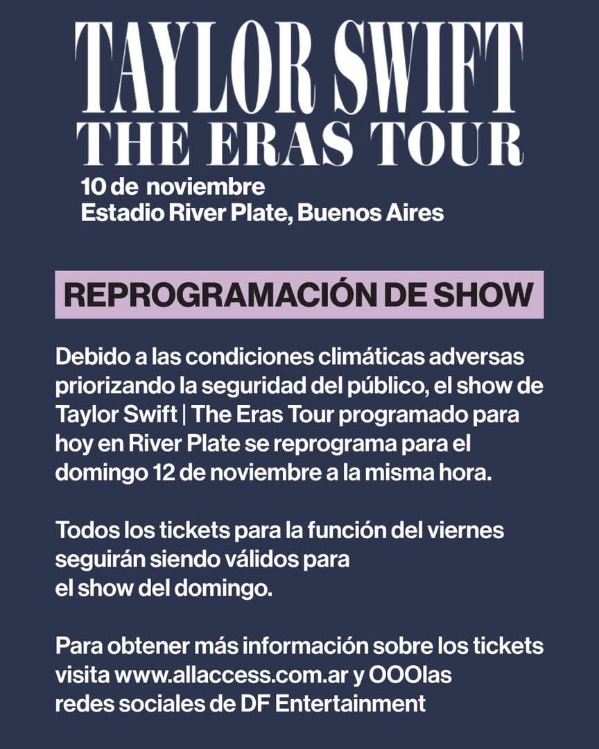 El recital de Taylor Swift del viernes se pospuso para el domingo 12