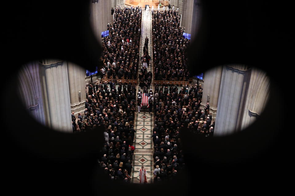 <p>The casket is led out following the funeral service for U.S. Sen. John McCain at the National Cathedral on Sept. 1, 2018 in Washington, D.C. (Photo: Mark Wilson/Getty Images) </p>