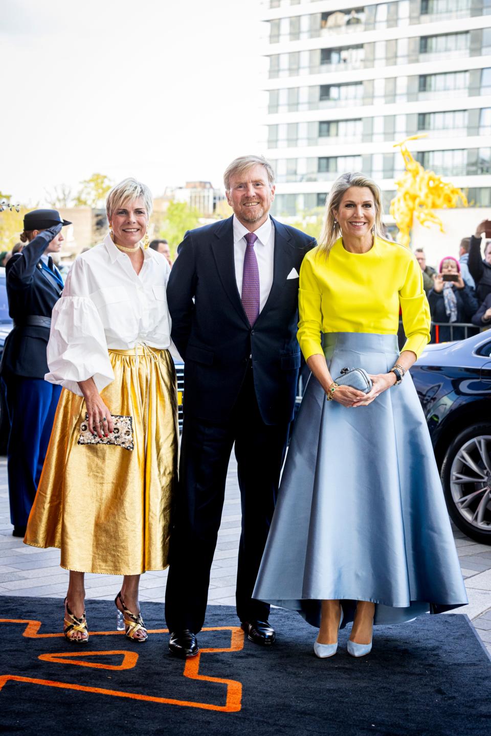 King Willem-Alexander of The Netherlands (R), Queen Maxima of The Netherlands and Princess Laurentien of The Netherlands attend the Kingsday Concert on April 22, 2024 in Emmen, Netherlands.