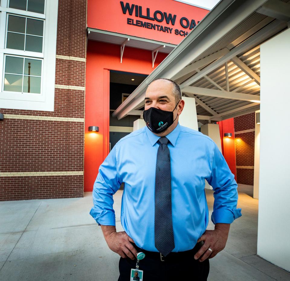 Frederick R. Heid superintendent of Polk County Public Schools walks the school grounds on the first day of school at the new Willow Oak Elementary school in Mulberry  Fl. Tuesday August 10 2021.  ERNST PETERS/ THE LEDGER